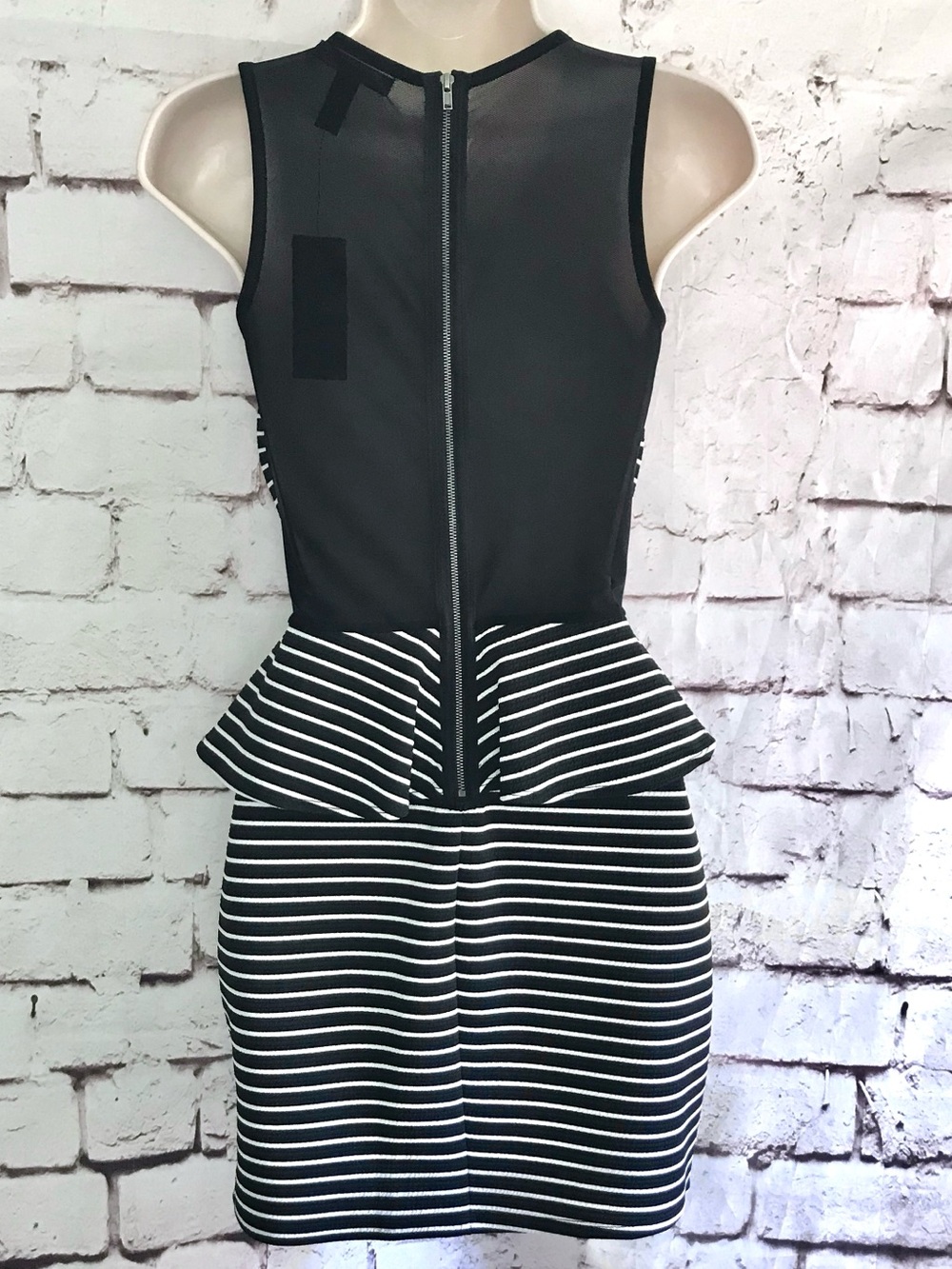 MATERIAL GIRL S Peplum Mesh Back Sleeveless Black & White Stripe Dress Small NWT - Picture 14 of 16